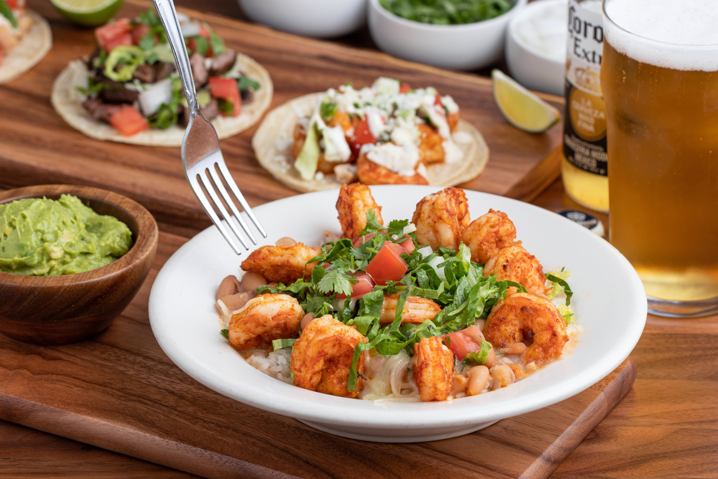 Baja shrimp plate with rice and fresh toppings